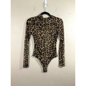 ARIA Clothing Womens Sheer Mesh Animal Print Long Sleeve Bodysuit L Brown Grunge